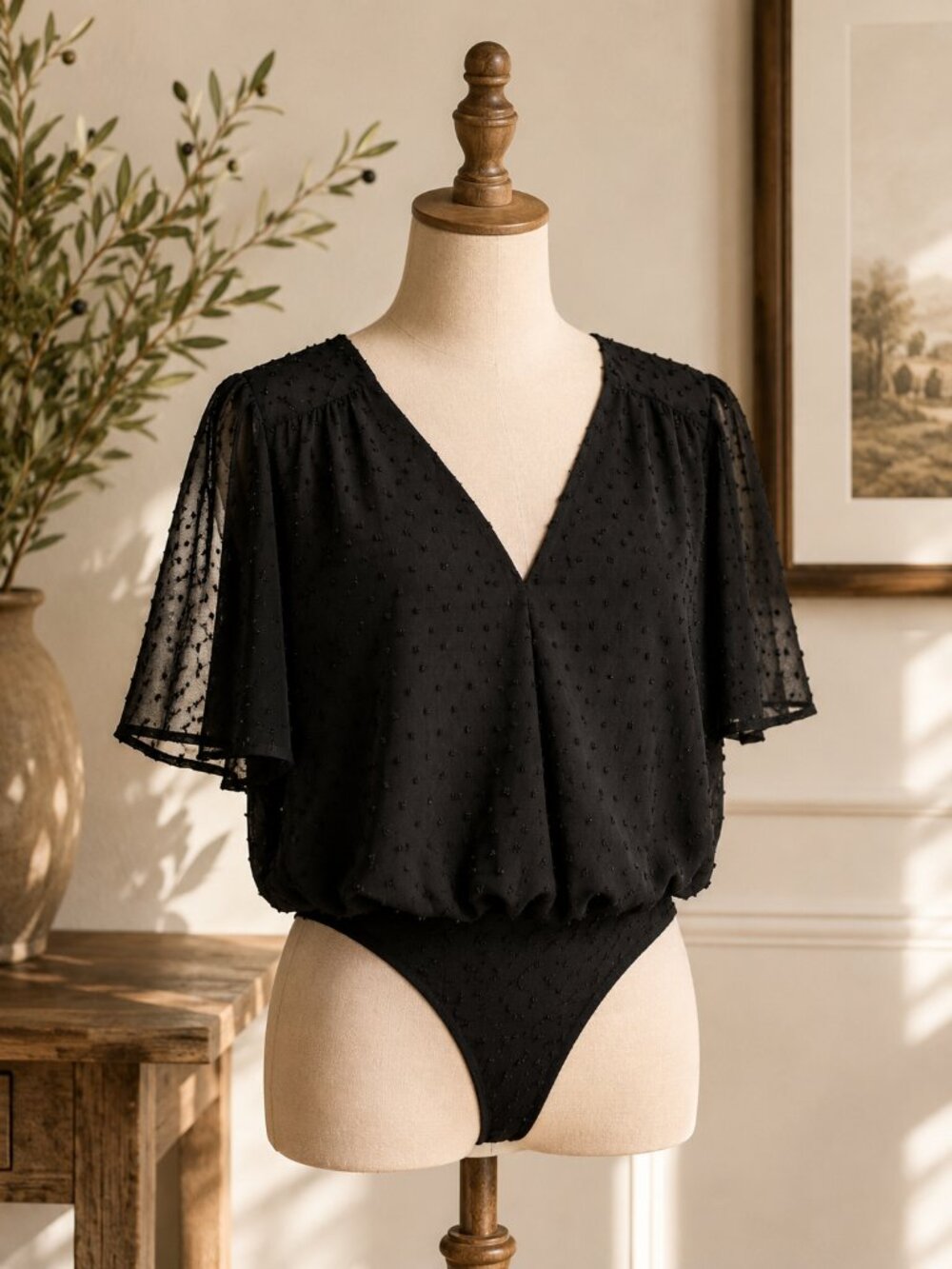 eesome Ladies Large Sheer Black Body Suit Flowy Sleeves Lined